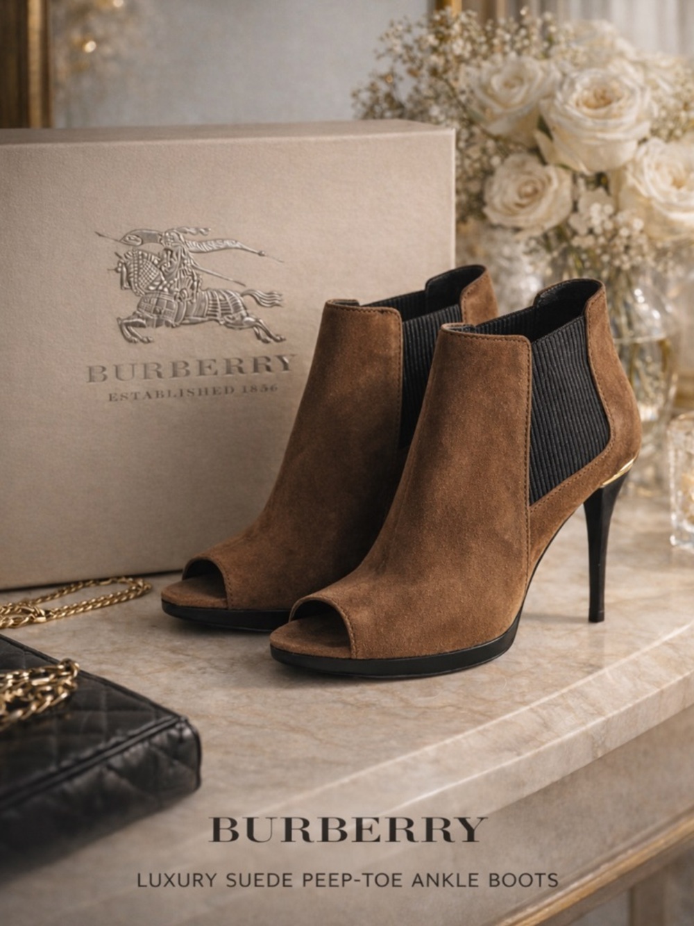 NIB Burberry Harbourne Suede Peep Toe Ankle Boots EU 39 Walnut Brown